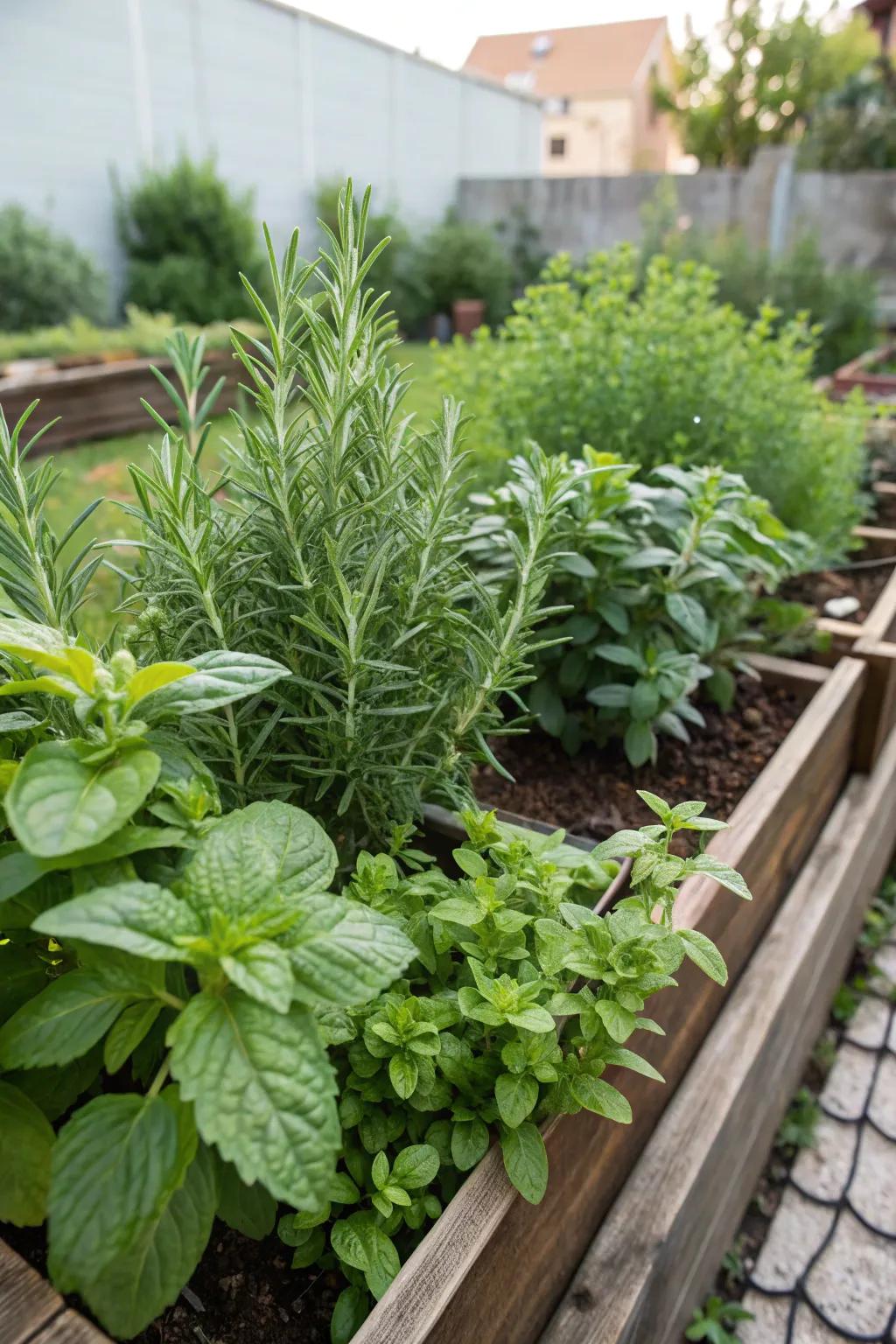 A fragrant herb garden showcasing basil, rosemary, and mint.