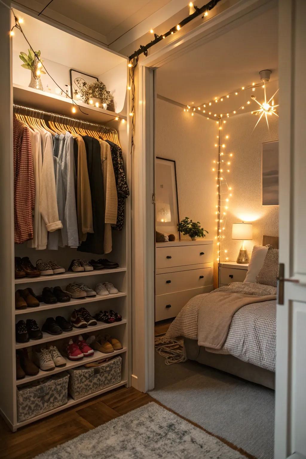 Soothing illumination adds warmth and charm to your closet bed.