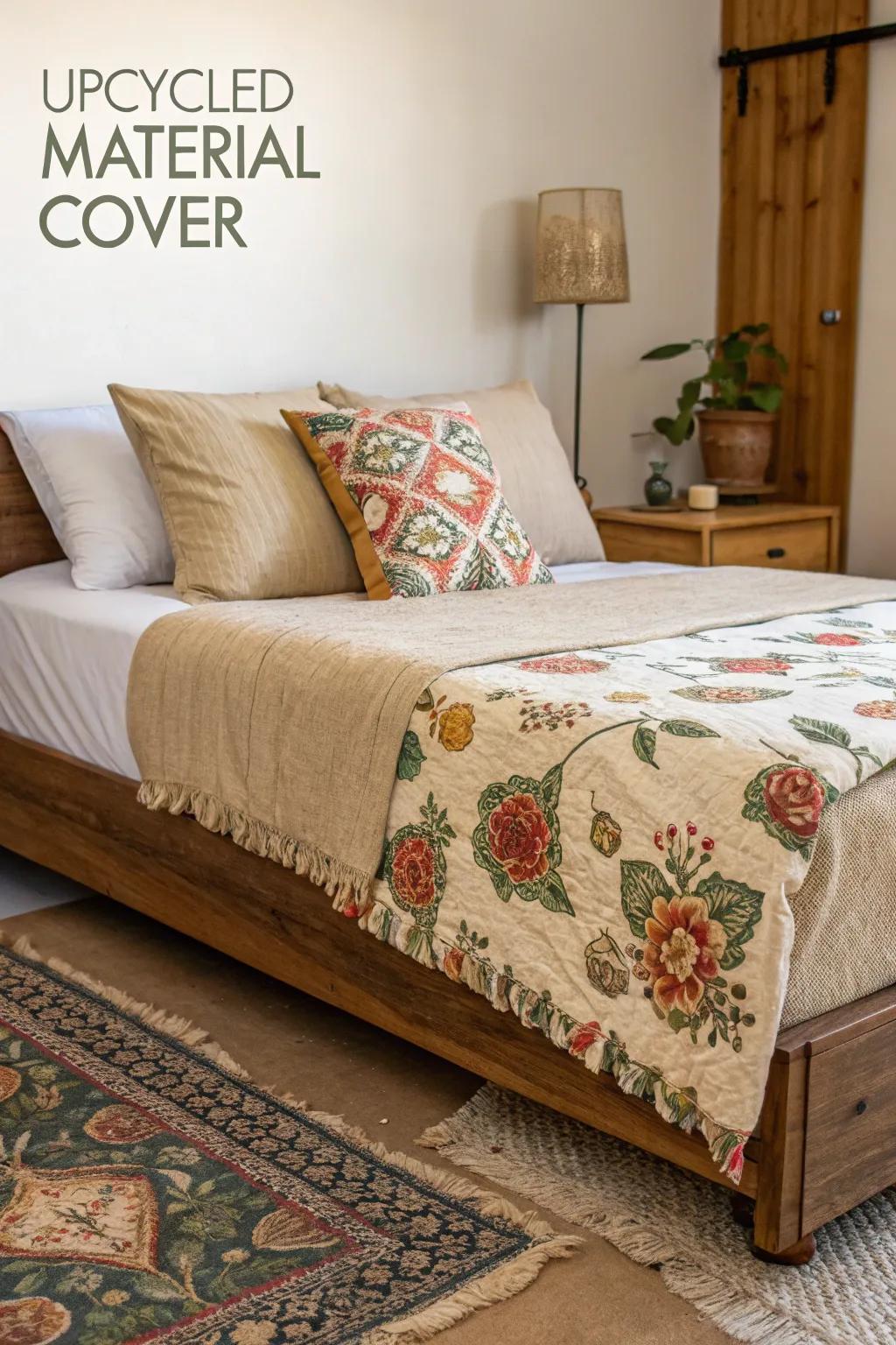 Repurposed elements fashion a distinctive and eco-friendly bed adornment.