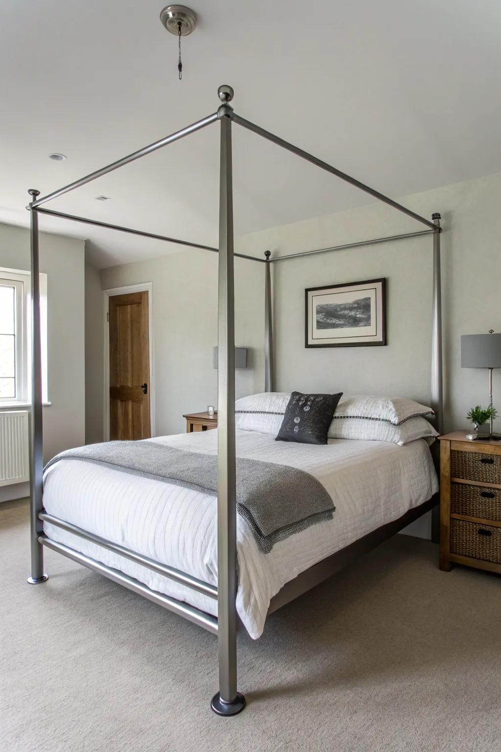 Elegant metal bedposts offer a modern and simple style.