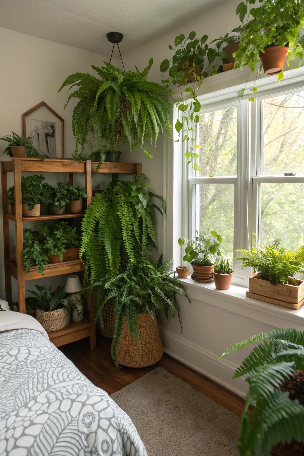 The presence of indoor plants introduces a natural component to the bedroom setting.