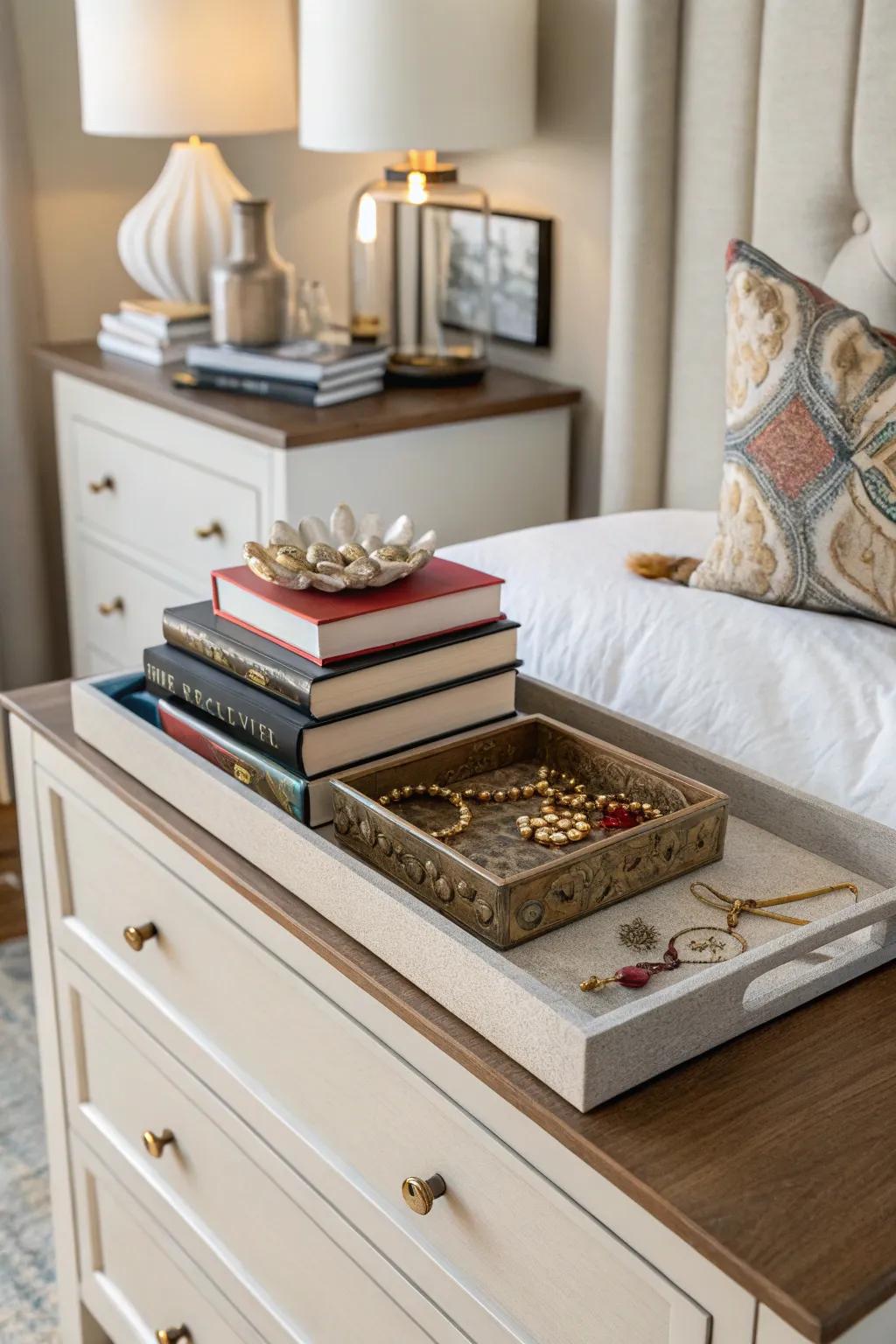 Books and trays offer organization and panache.