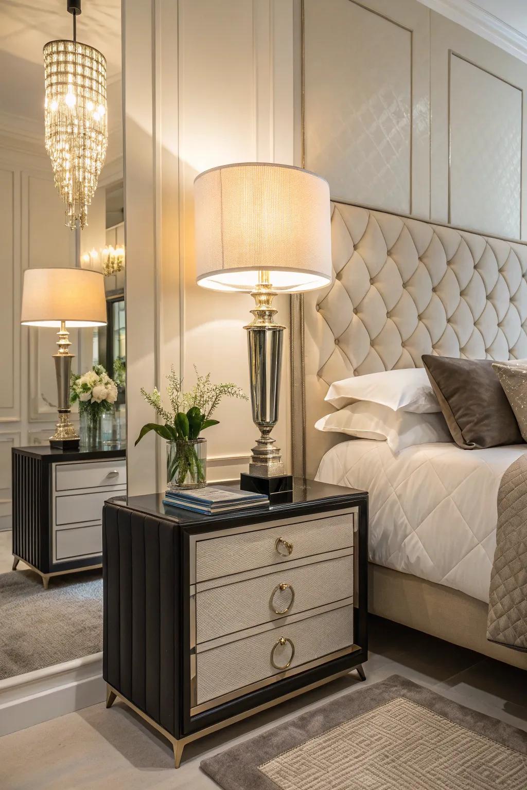 Elegant bedside tables and stylish lighting bring sophistication and functionality to this bedroom.