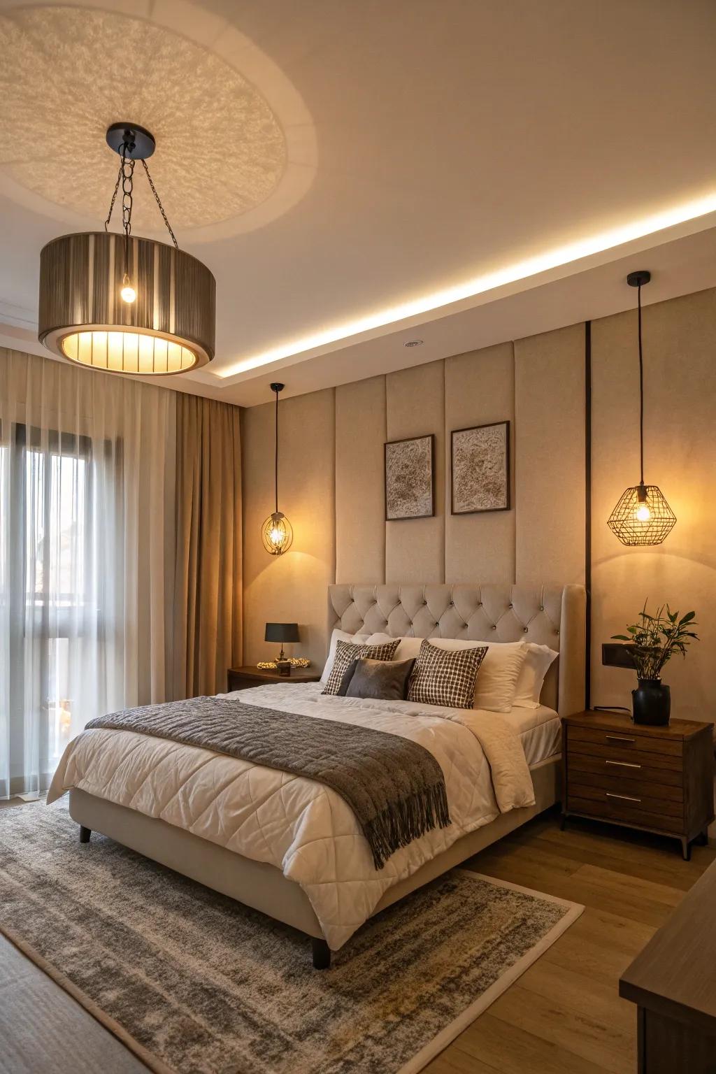 Modern lighting enhances both functionality and style in this bedroom.