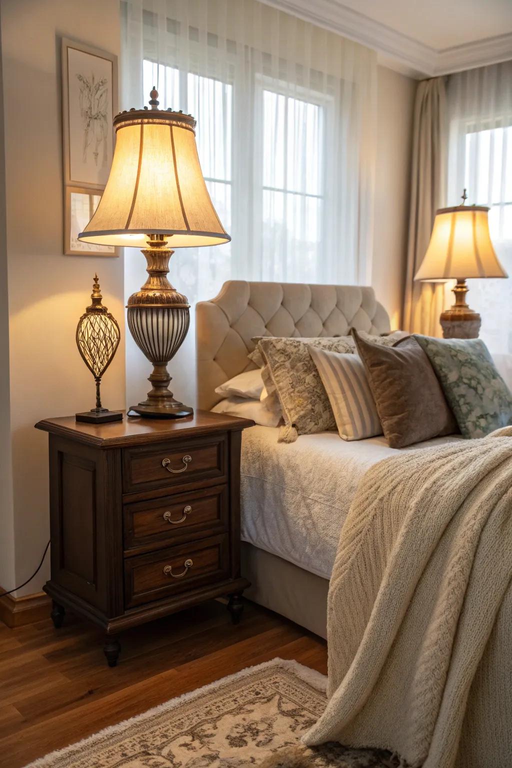 Standing lamps are a classic option for bedside illumination.