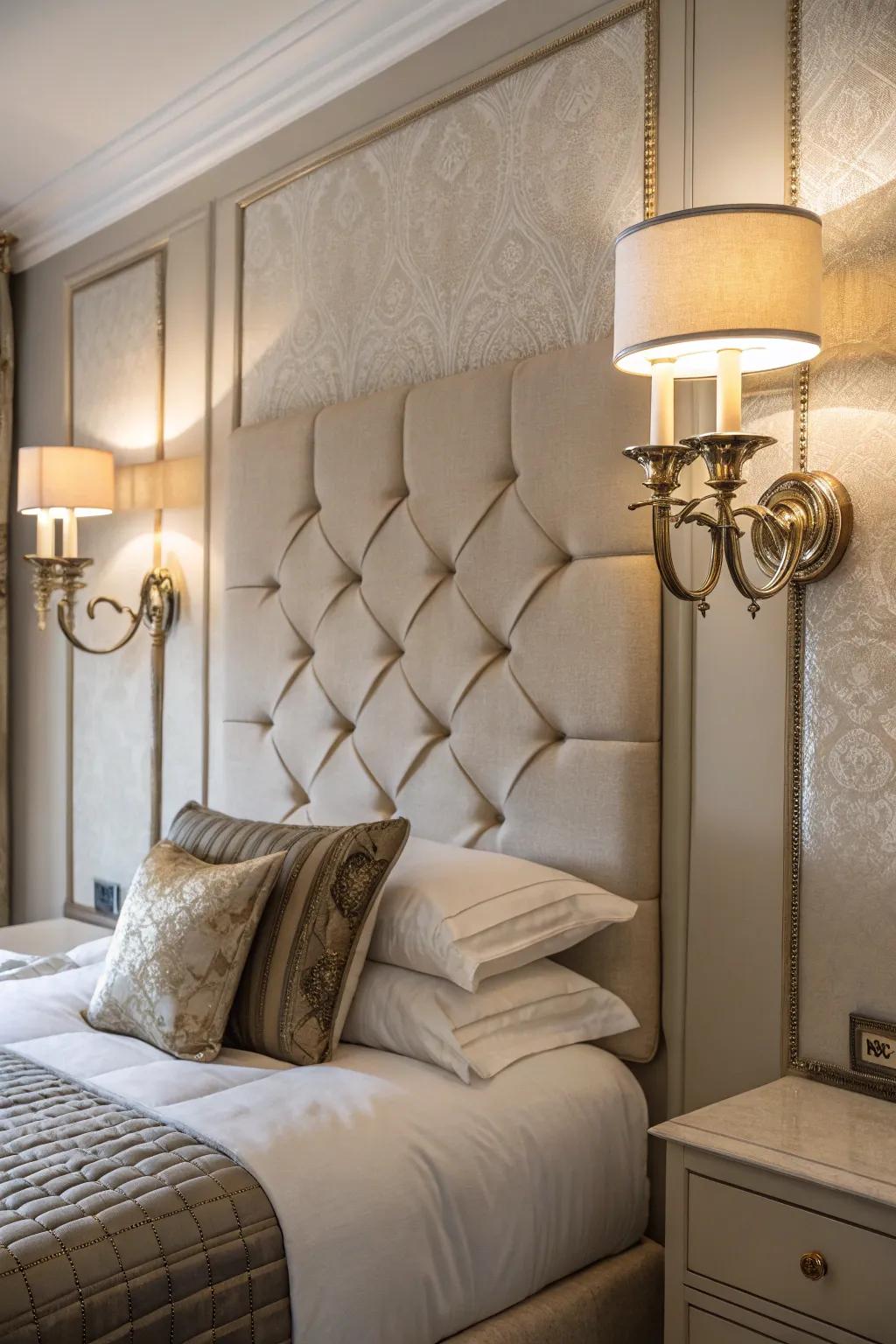 Headboard lights provide harmony and symmetry.