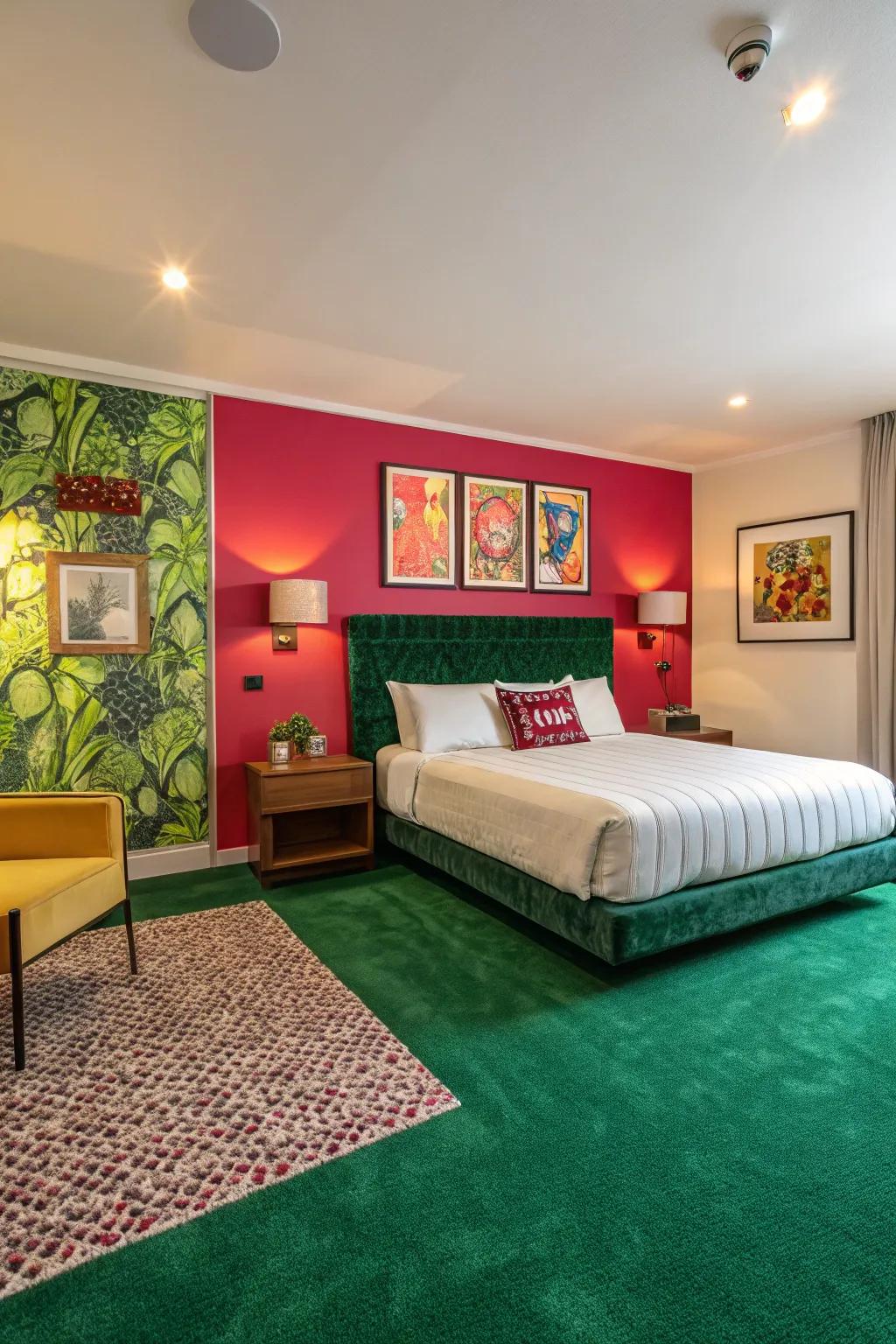 An accent surface infuses character and vibrancy into the bedroom, complementing the verdant floor covering.