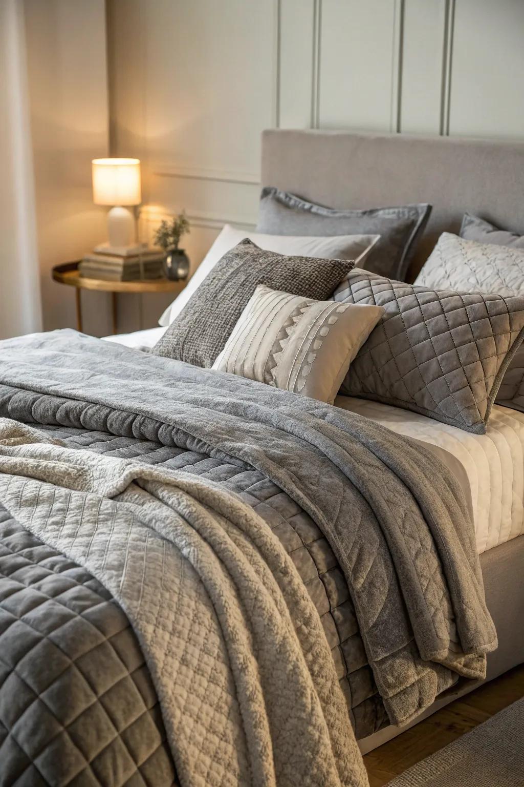 Layered grey bedding designing a tranquil sleep sanctuary.