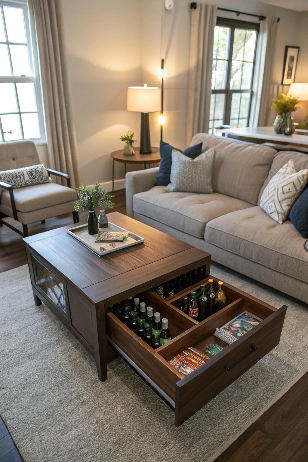 An adaptable center table in the lounge with concealed brew bottle safekeeping.