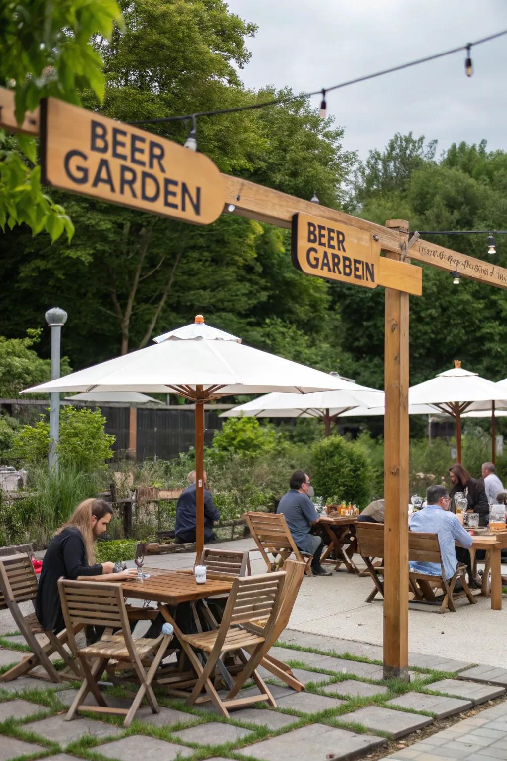 Outdoor drink garden emblems make a welcoming vibe.