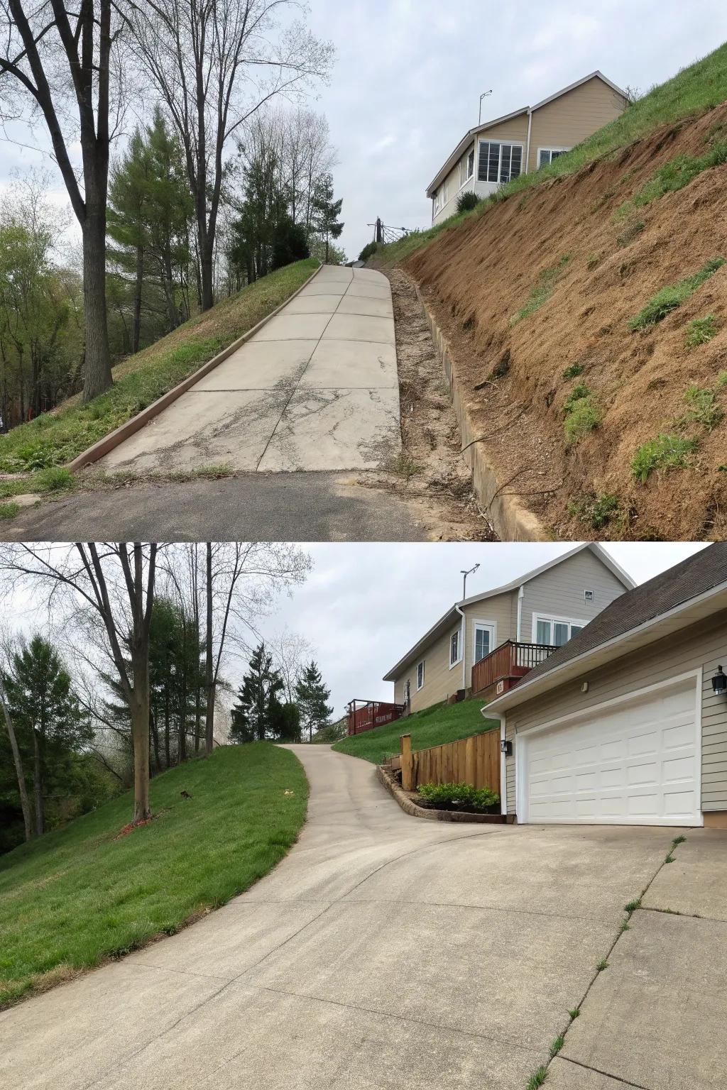 A driveway transformed with regrading to achieve a gentler slope.