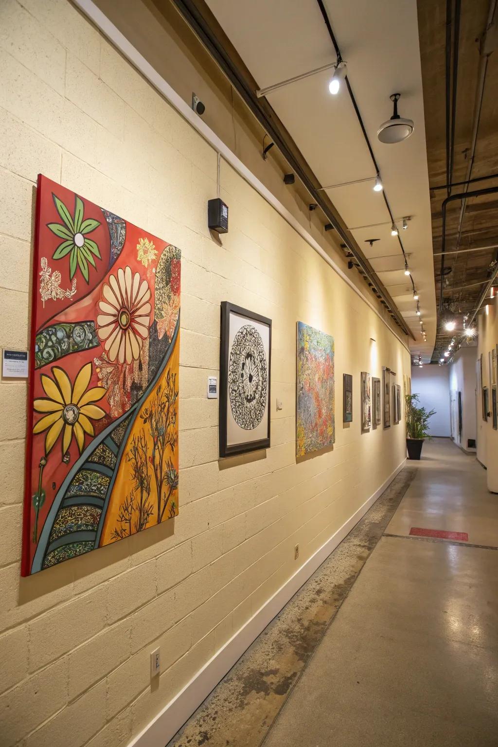 Beige walls display striking artworks, imbuing character into the setting.