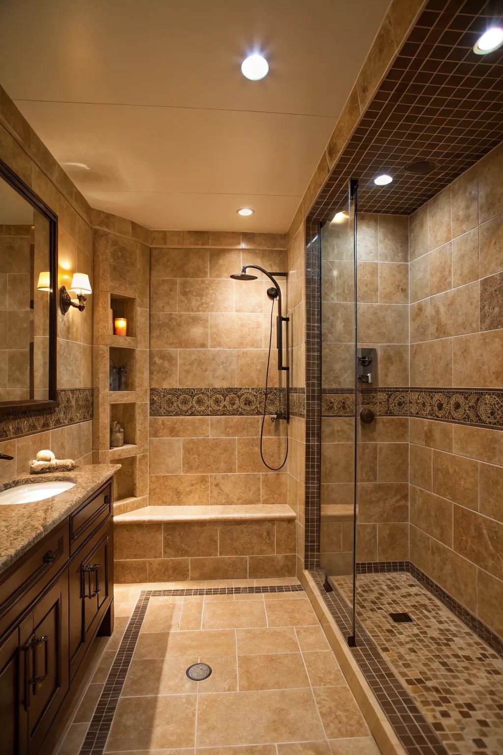 Deeper neutral tones infuse depth and drama into your shower.