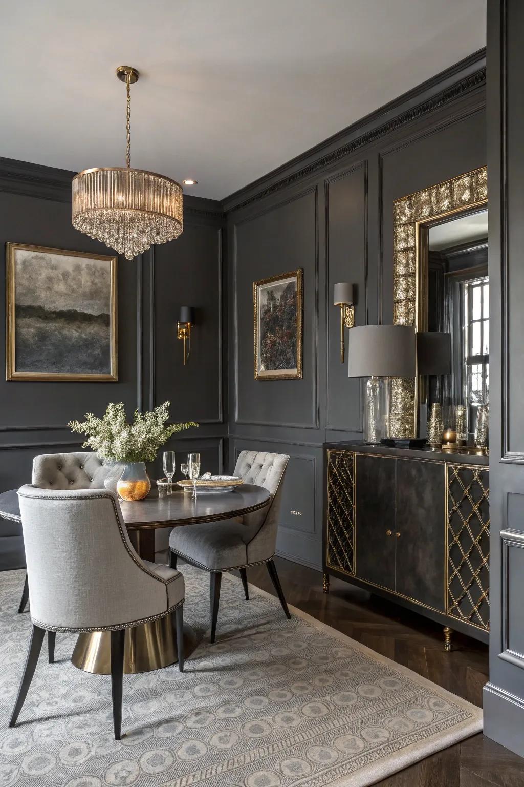 Charcoal gray creates a modern and intimate dining ambiance.