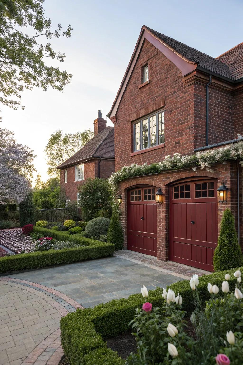 Crimson garage doors add a dramatic flair to red brick homes.