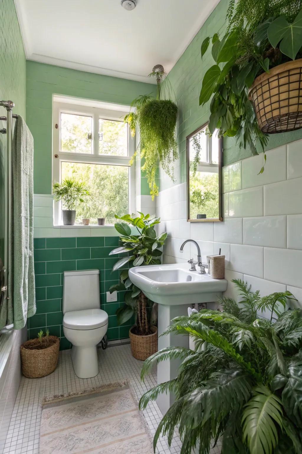 A spa-like bathroom with soothing jade green walls.