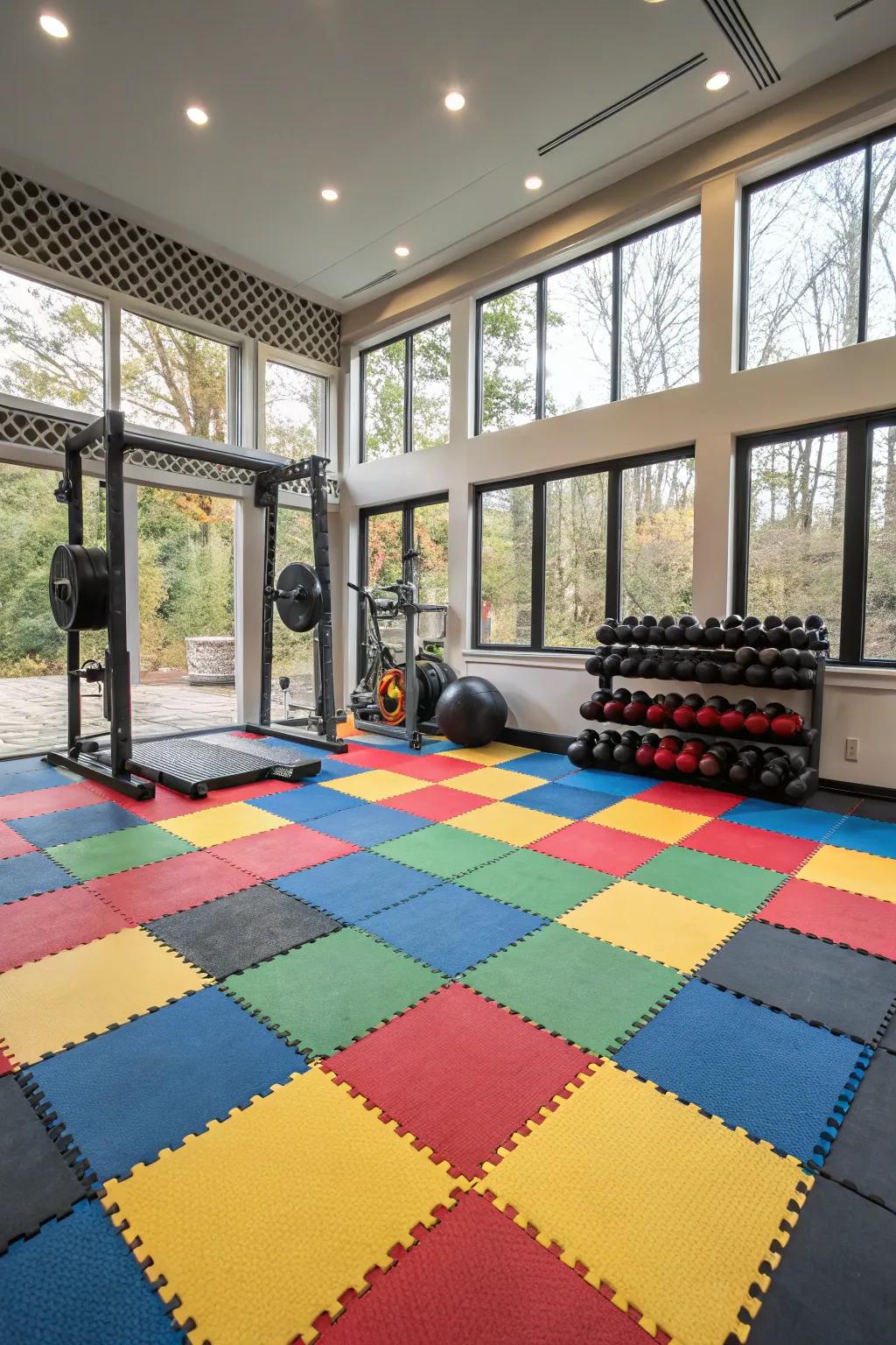 Patterned flooring enhances your fitness area's style and functionality.