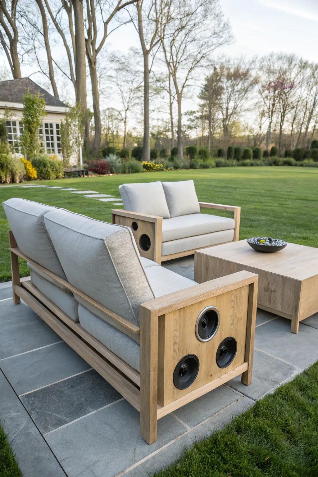 Furniture-integrated speakers offer discreet audio solutions for outdoor spaces.
