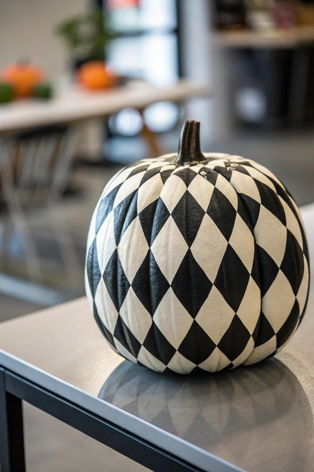 Achieve contemporary elegance using checkerboard pumpkins.