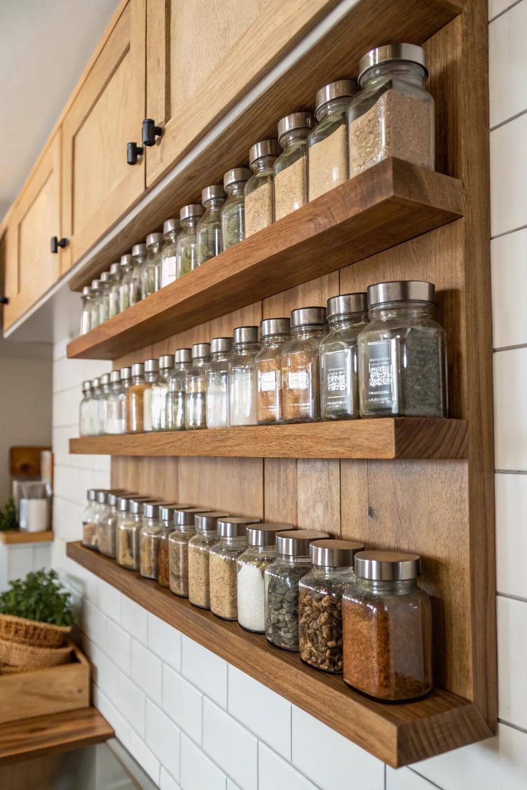 Wall-mounted shelves change spices into design.