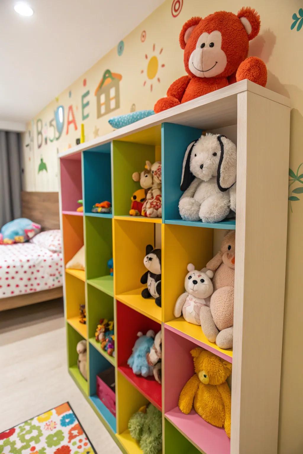 Shelves offer both storage and a vibrant decorative element.