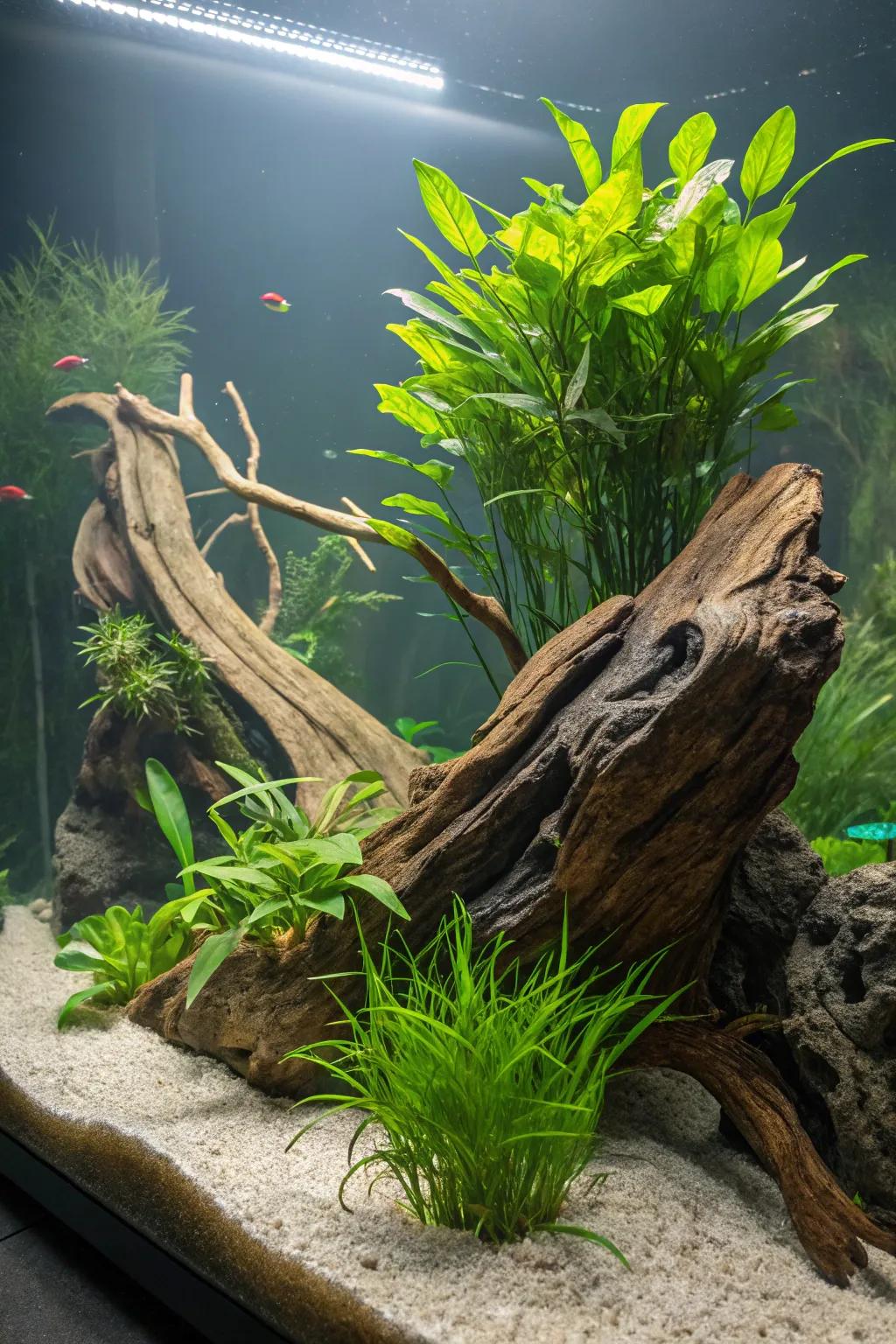 Timber pieces add a mystical touch to your aquatic landscape.