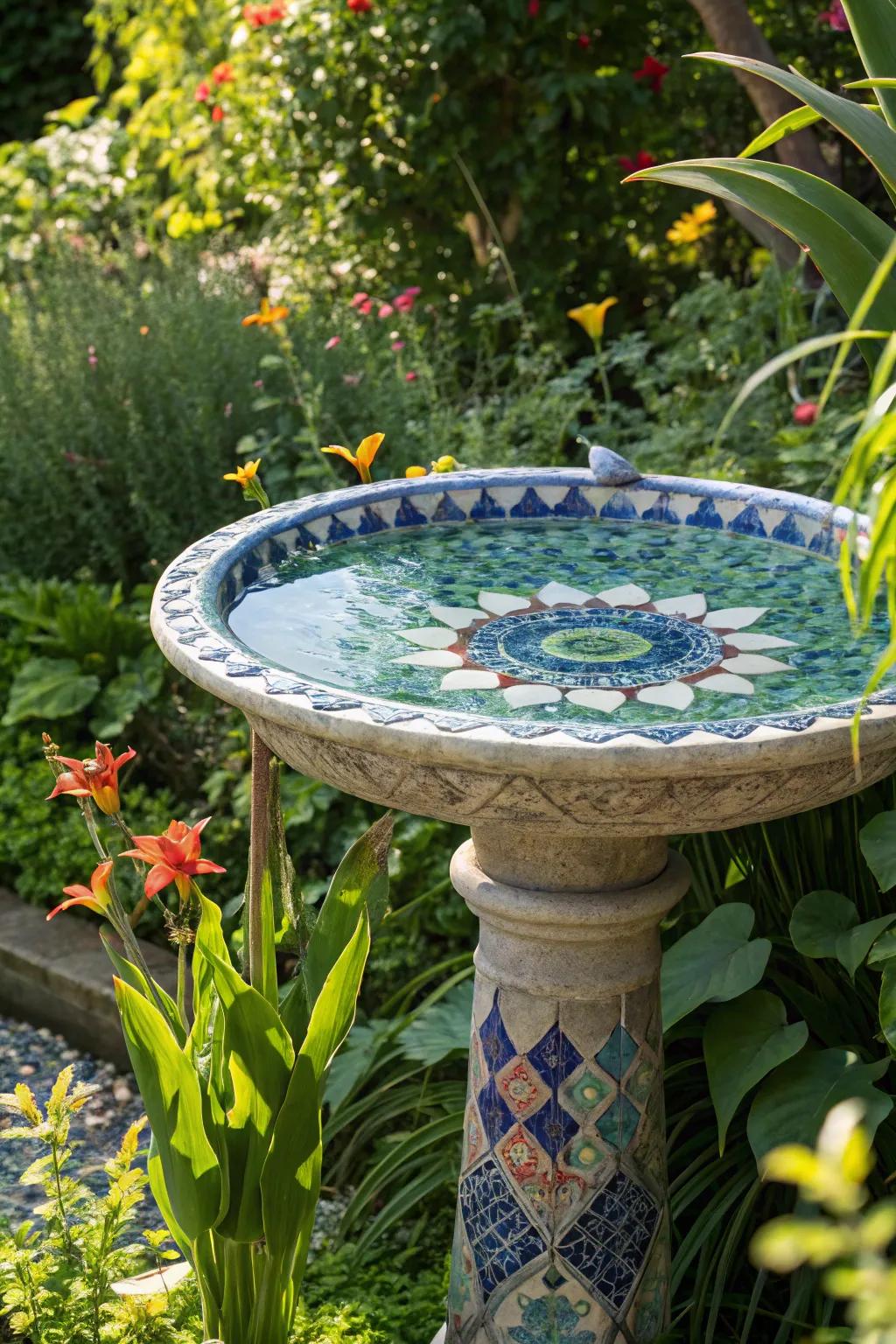 An artistic mosaic bird spa with blue and green tiles, adding a creative flair to the garden.