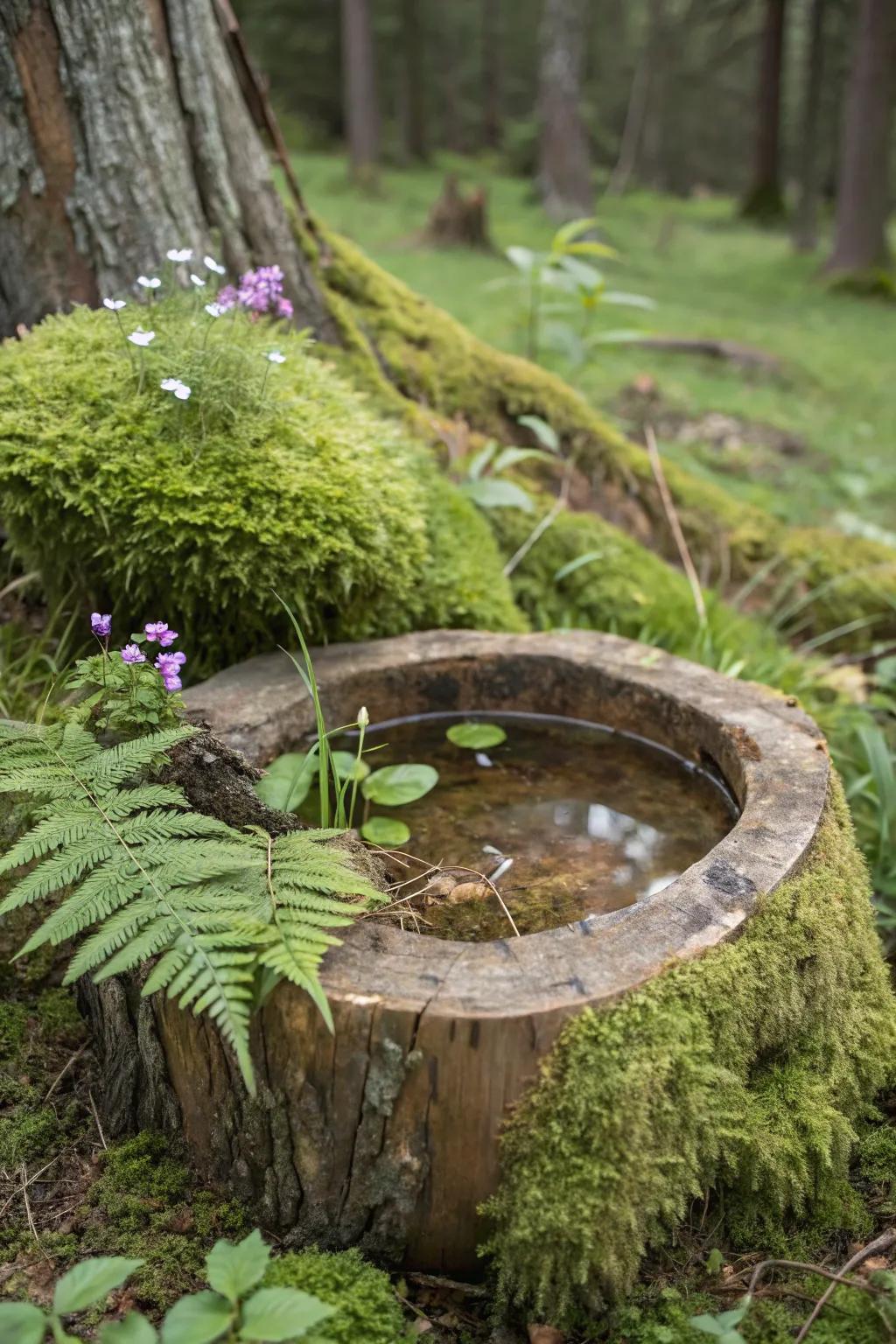 A log bird bath provides a rustic, natural setting for garden visitors.