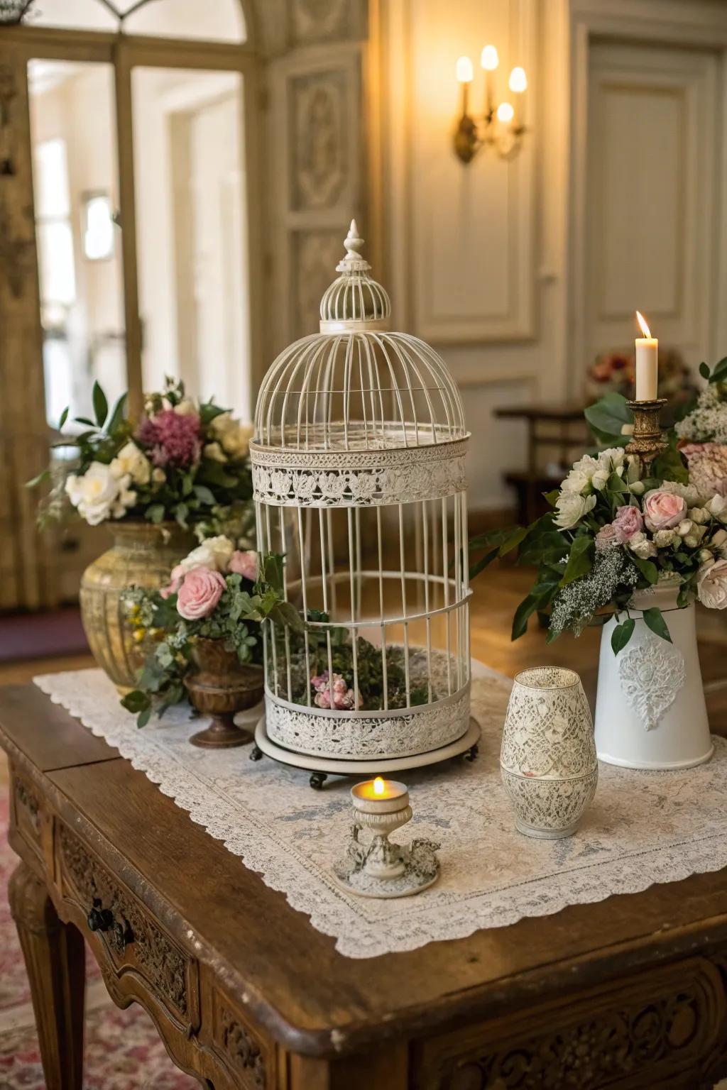 A bird cage raised on a recycled table for added effect.