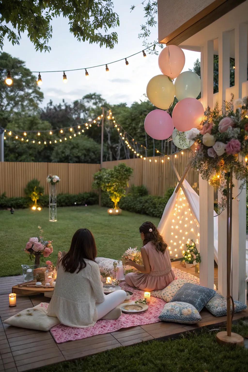 A stylish outdoor party arrangement with comfortable floor seating for a relaxed celebration.