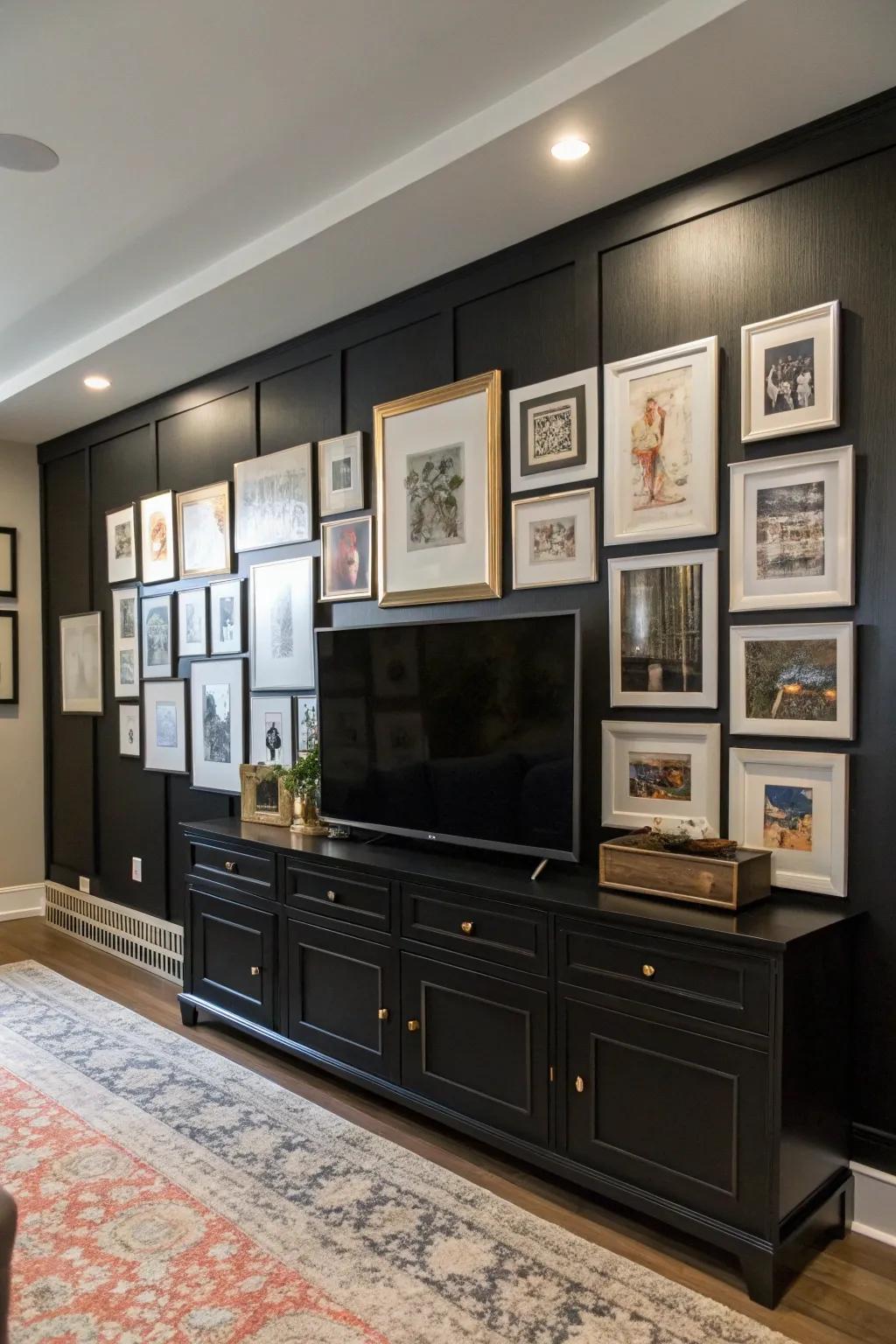 A gallery wall adds individual flair and design to a black accent wall.