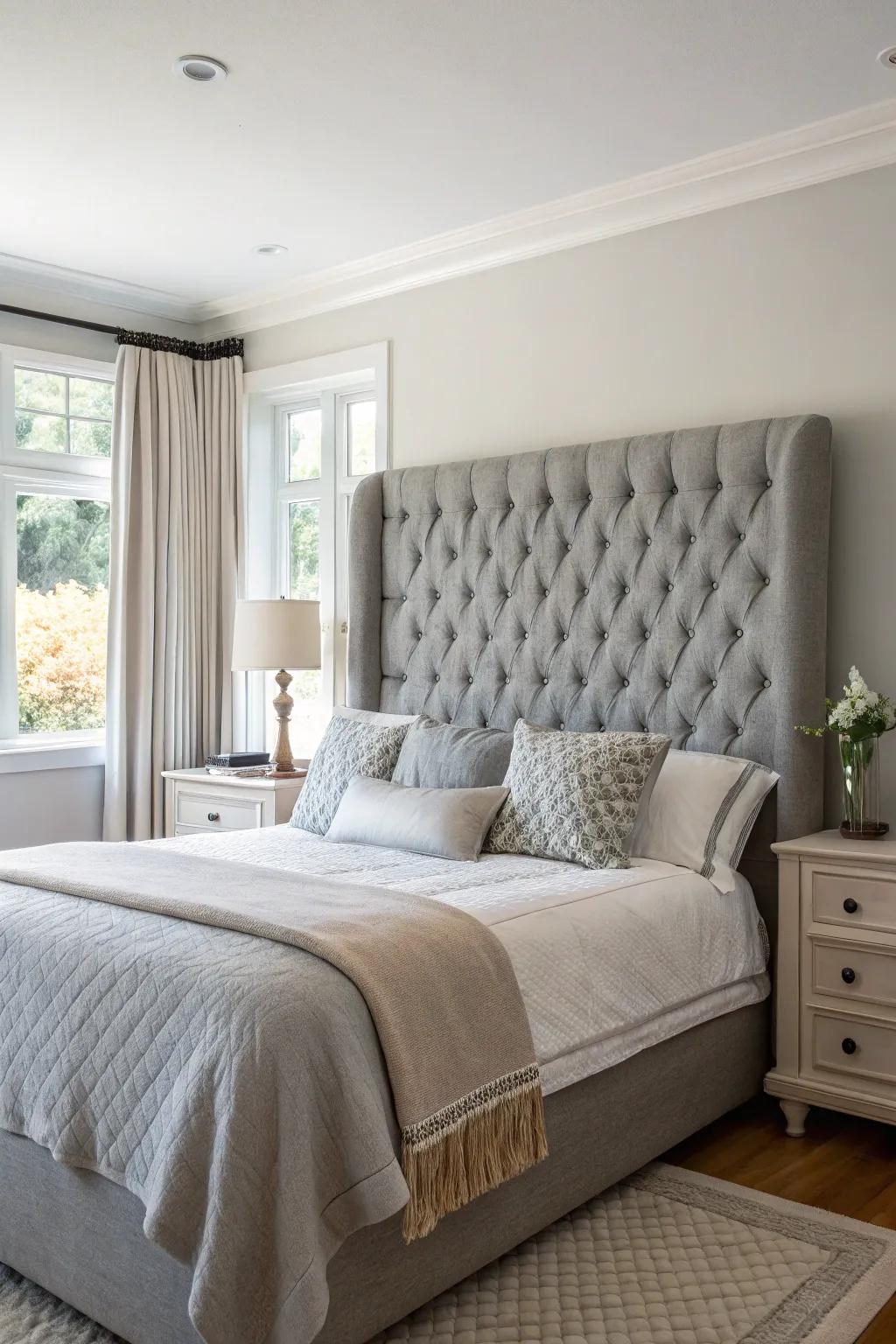 A bedroom with a tufted feature headboard in gray.