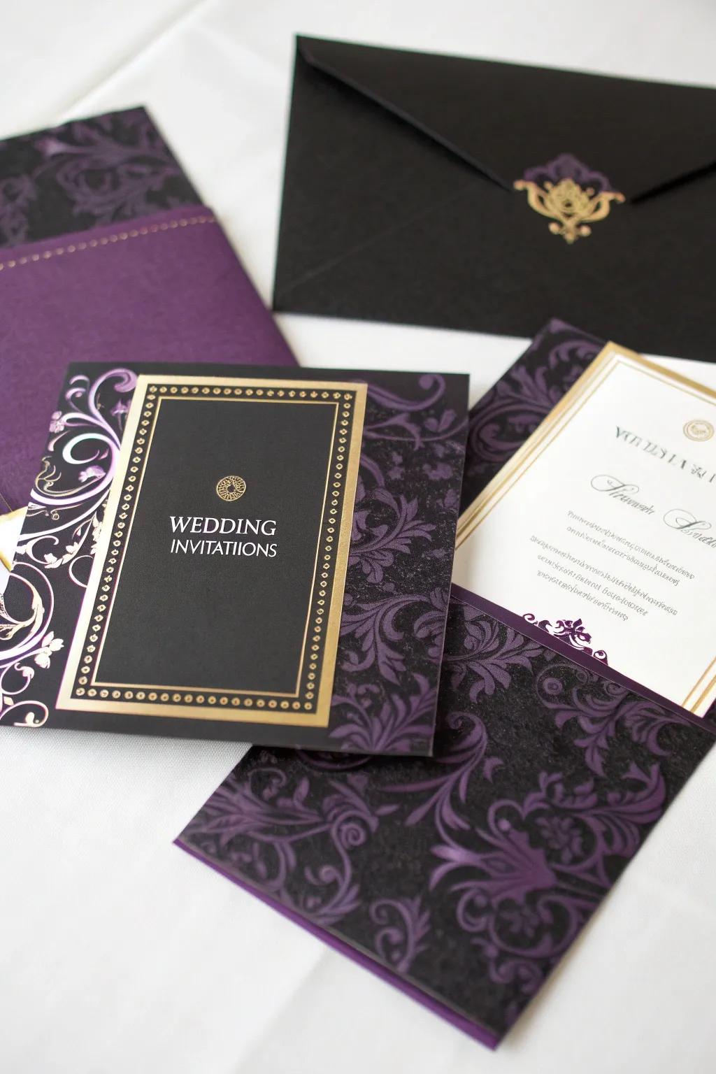 Stylish nuptial invites in onyx and violet.