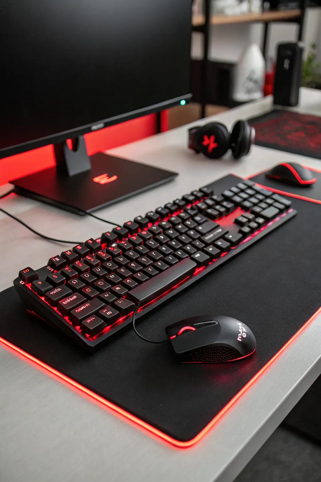 A black console and mouse glow with crimson backlighting, improving the gaming setup.