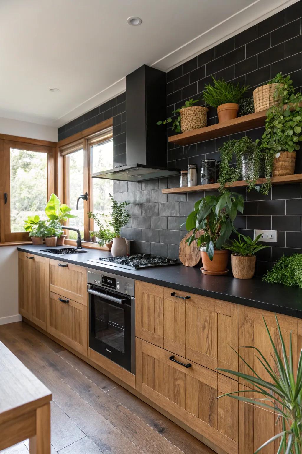 A cooking space where nature meets modern design with vegetation complementing the dark backsplash.