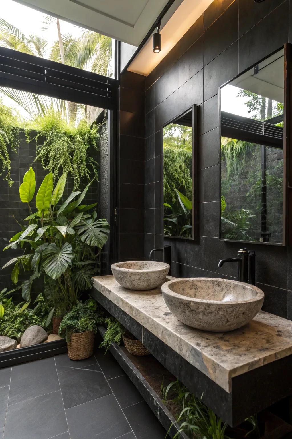 Natural constituents metamorphose a black bathroom into a spa-inspired haven.