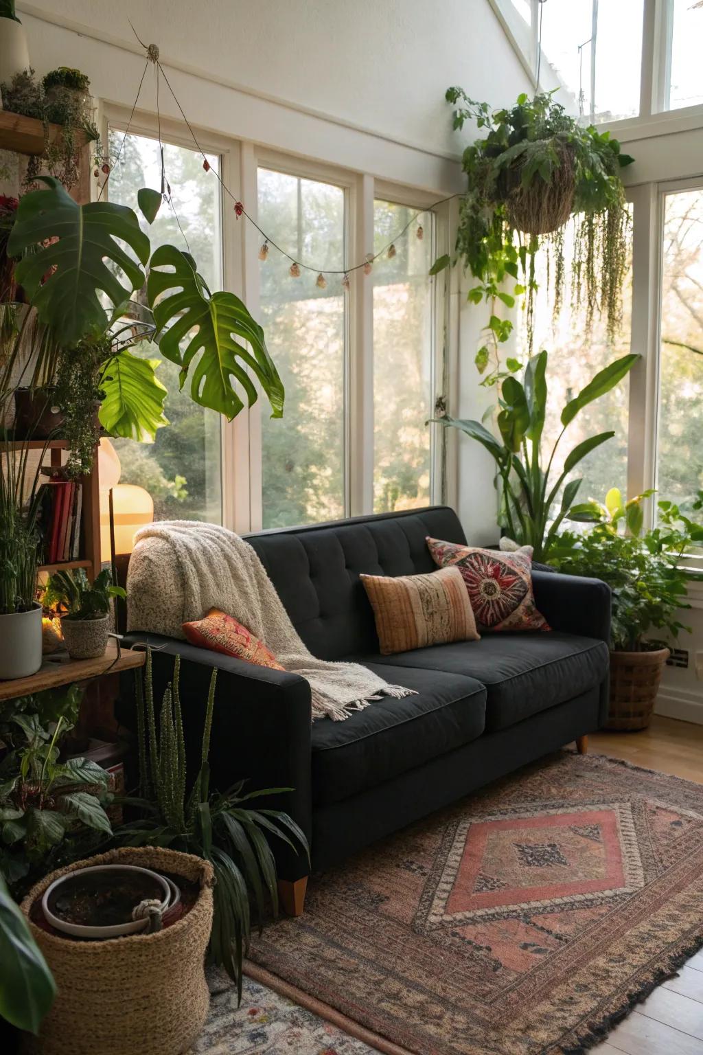 The essence of nature with a dark sofa and greenery.