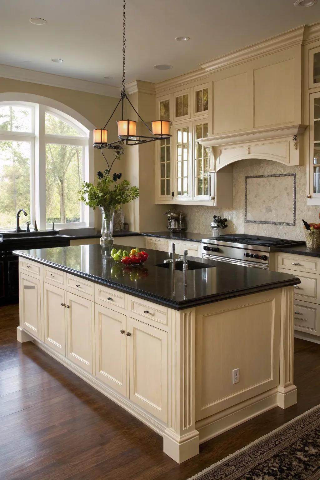 An ebony worktop island serves as a striking focal point.