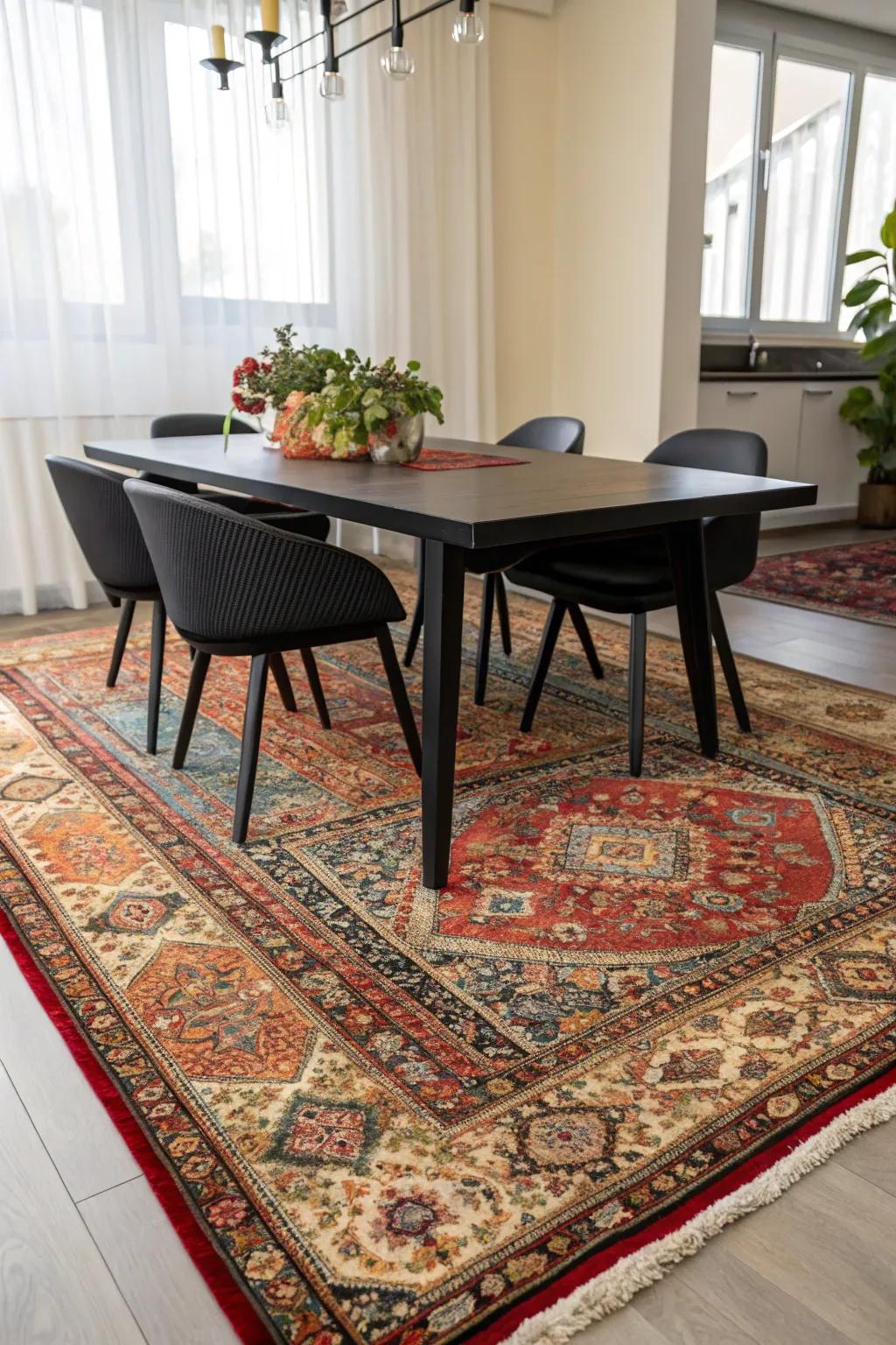 Stratified rugs contribute dimension and texture.