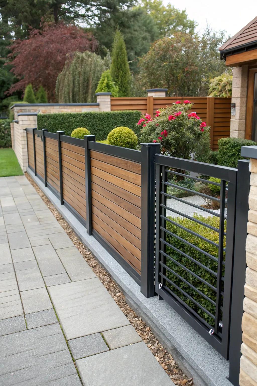 A mixed-material dark fence adds texture and individuality.