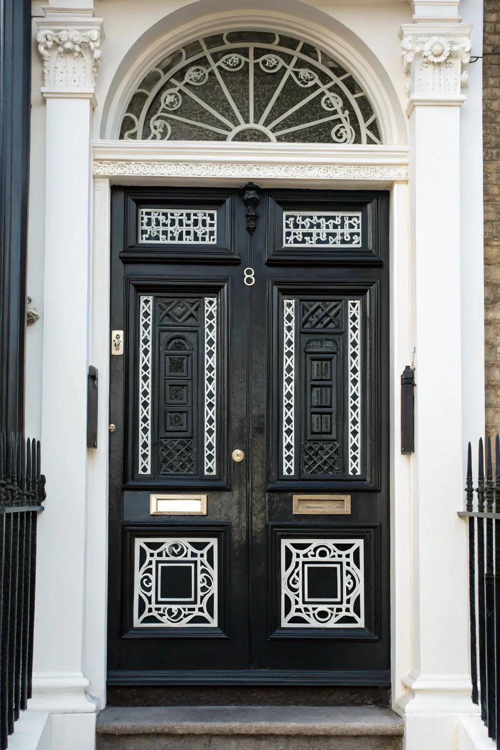 Geometric designs on a black door stand out beautifully against white trim.