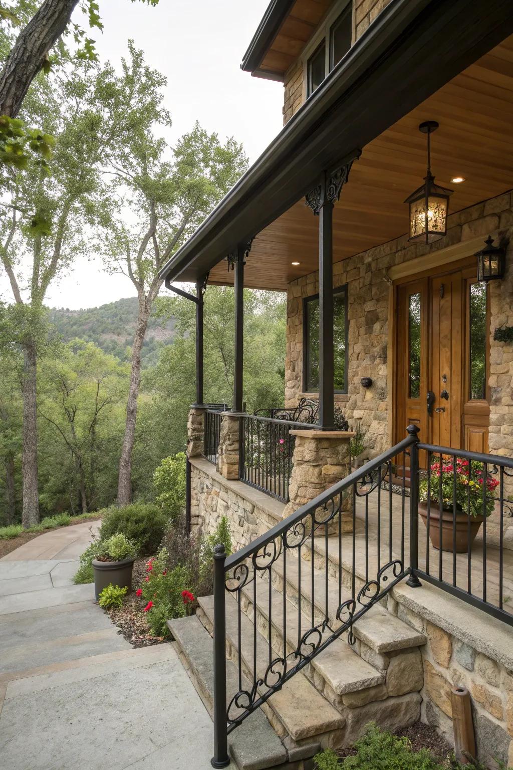 Rustic appeal with black railings and stone creates a comfortable, welcoming porch.