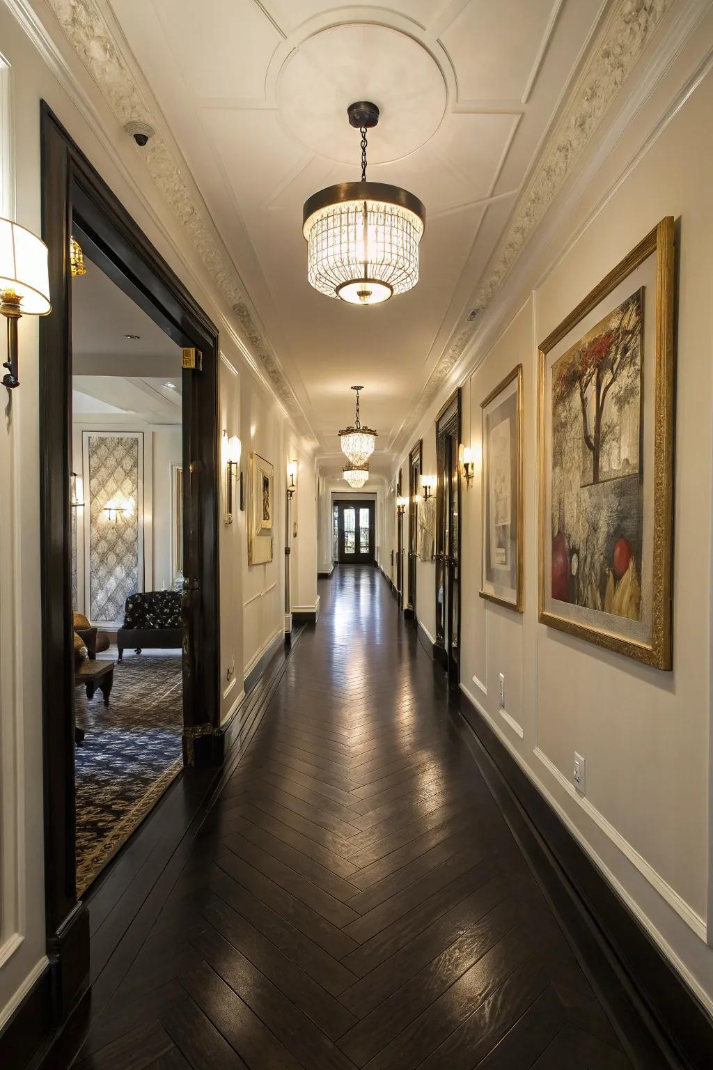Inviting hallway with dark hardwood floors.