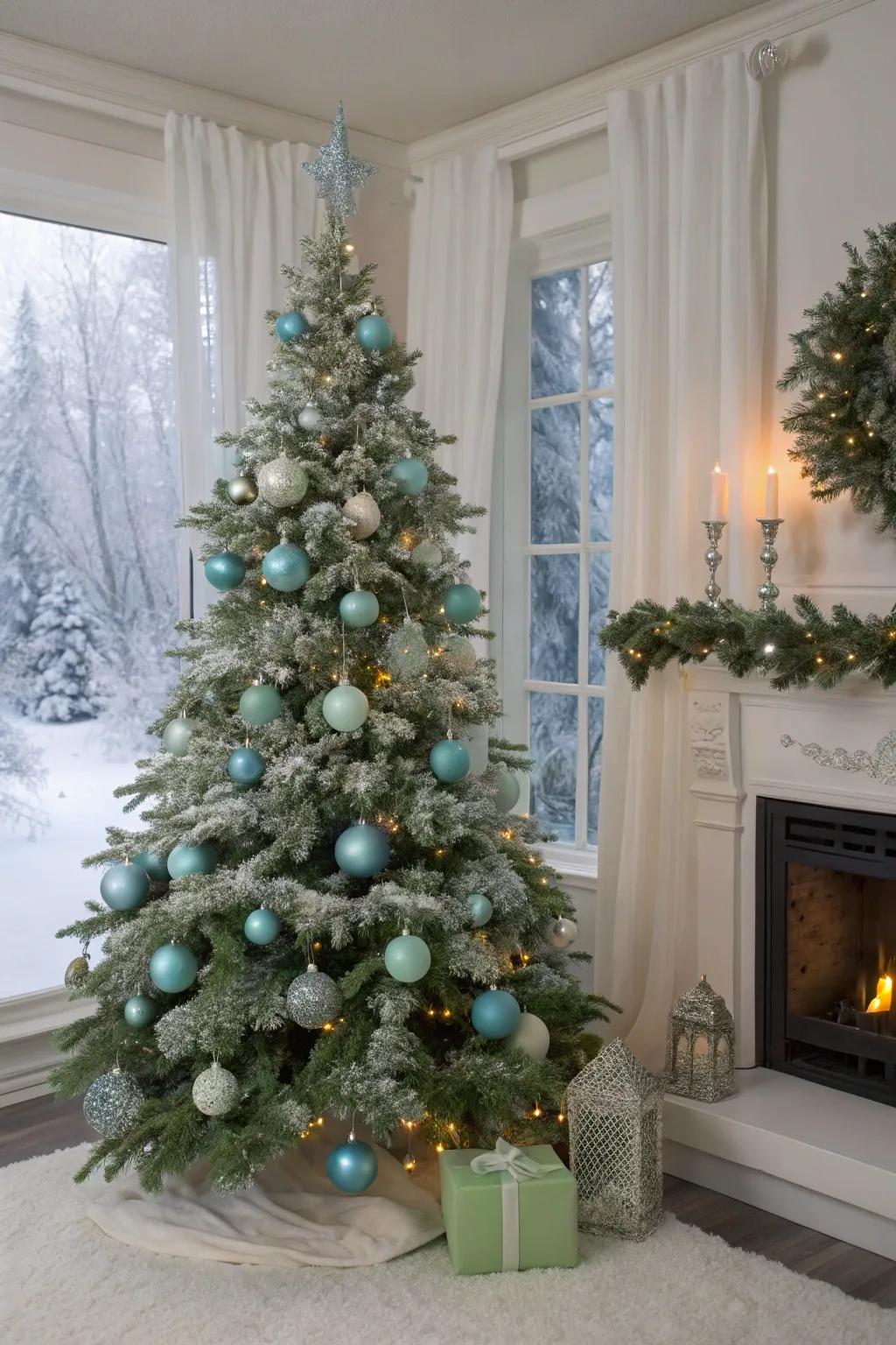 A Christmas tree featuring icy blue and frosted green, bringing a winter wonderland feel indoors.