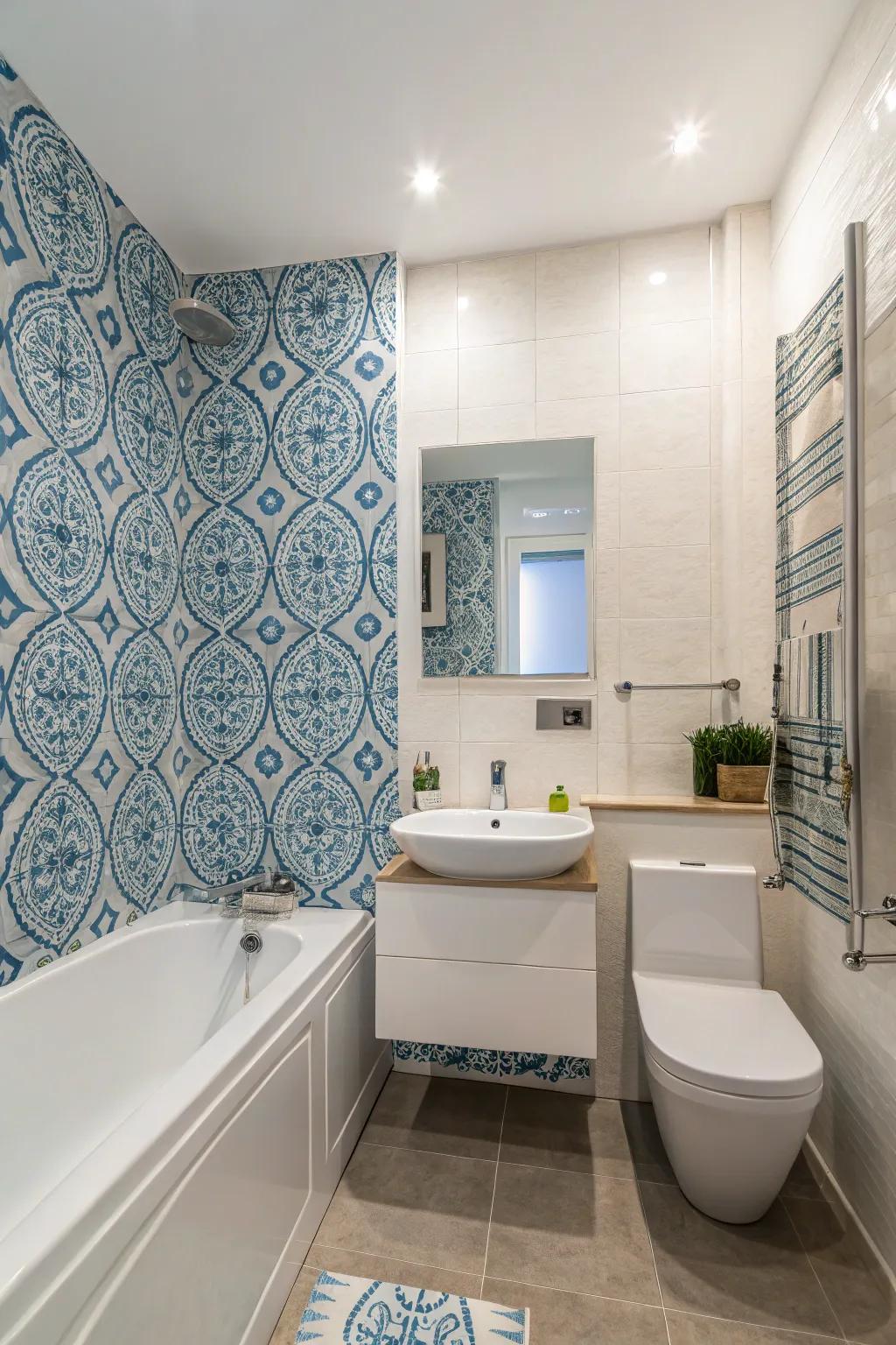 Patterned blue wallpaper adds charm and distinctiveness.