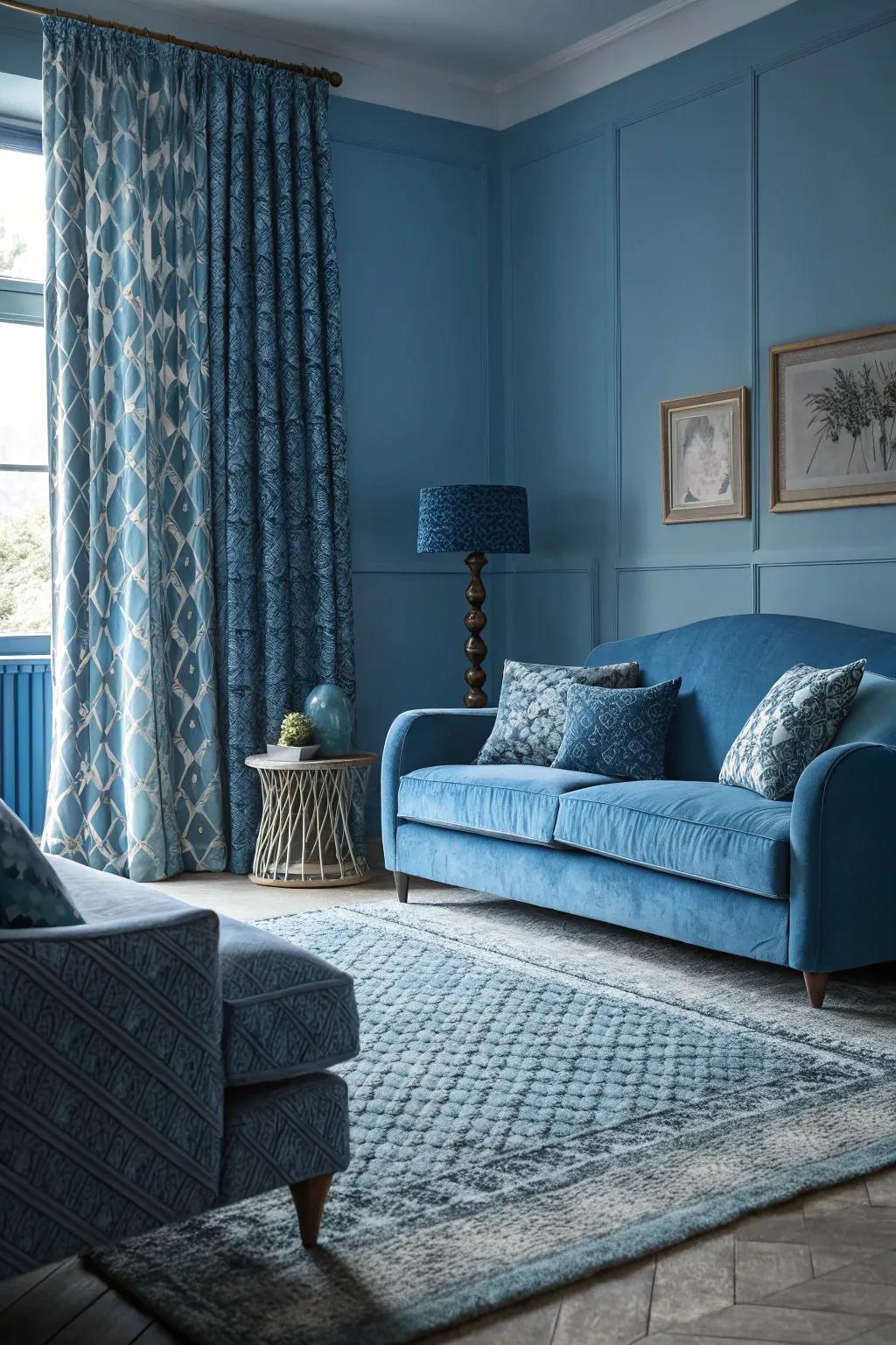 A monochromatic blue blueprint engenders a serene and harmonized dwelling.