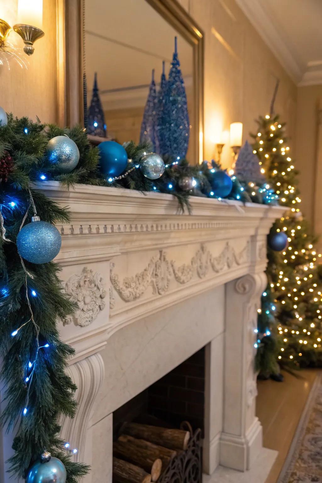 A snug azure-themed Christmas mantel