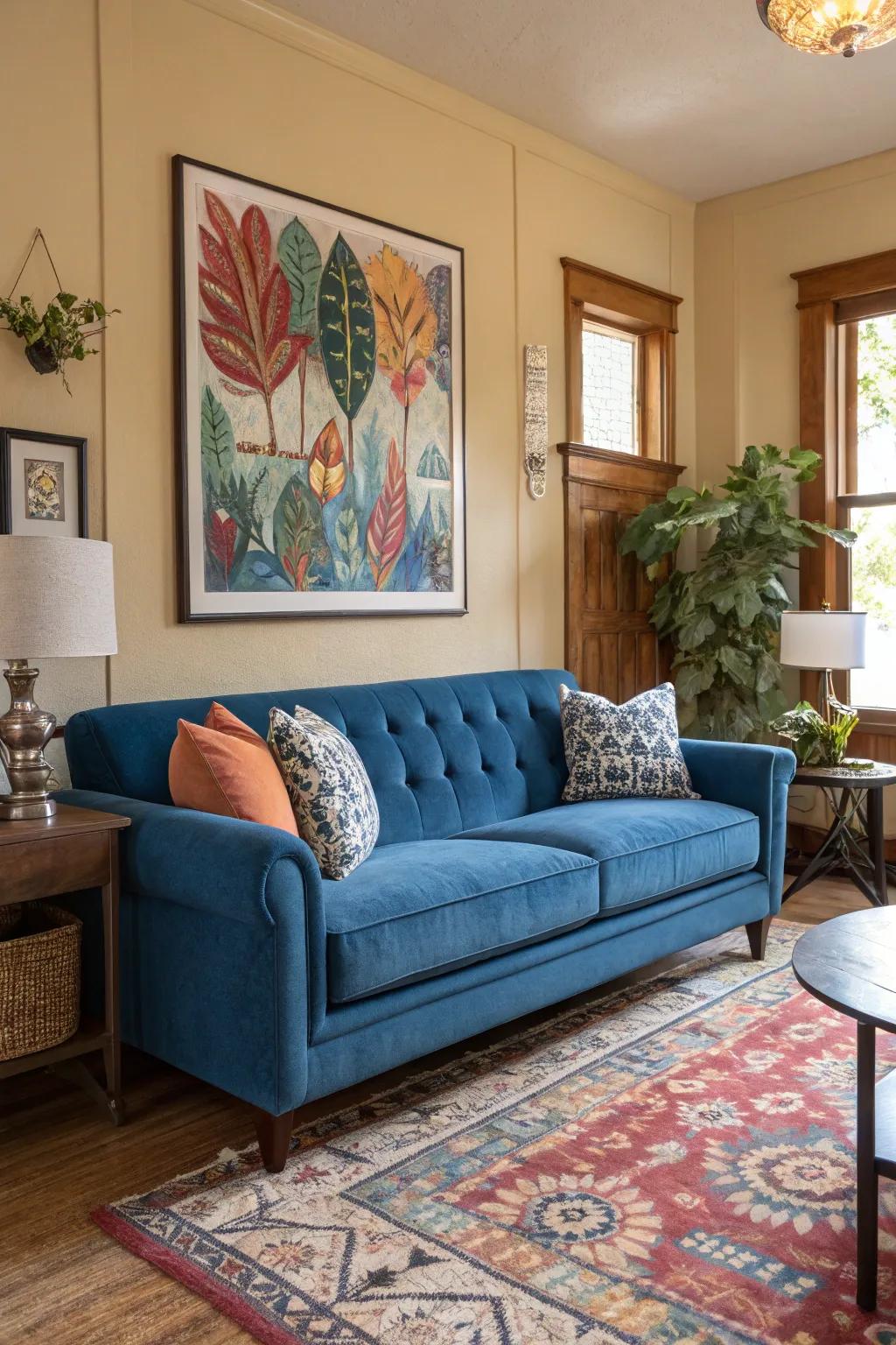 Wall art harmonizes with the sapphire sofa for a personal touch.