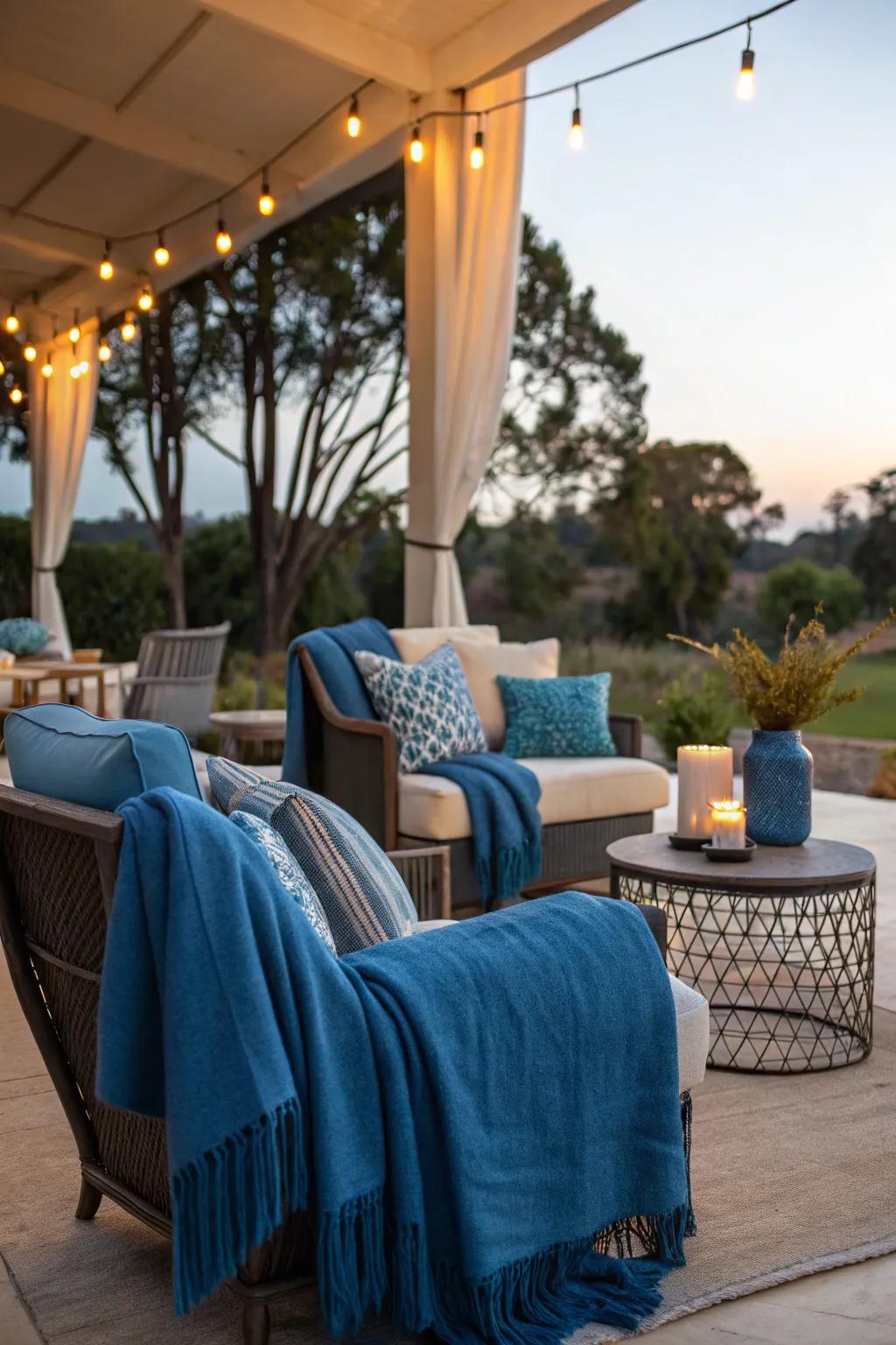 A welcoming outdoor seating space featuring azure highlights.