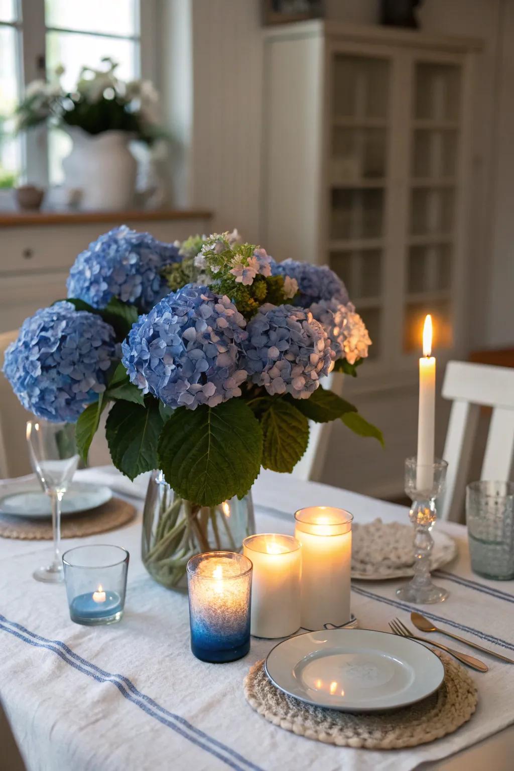 Candlelight amplifies the sentimental charm of blue hydrangeas.